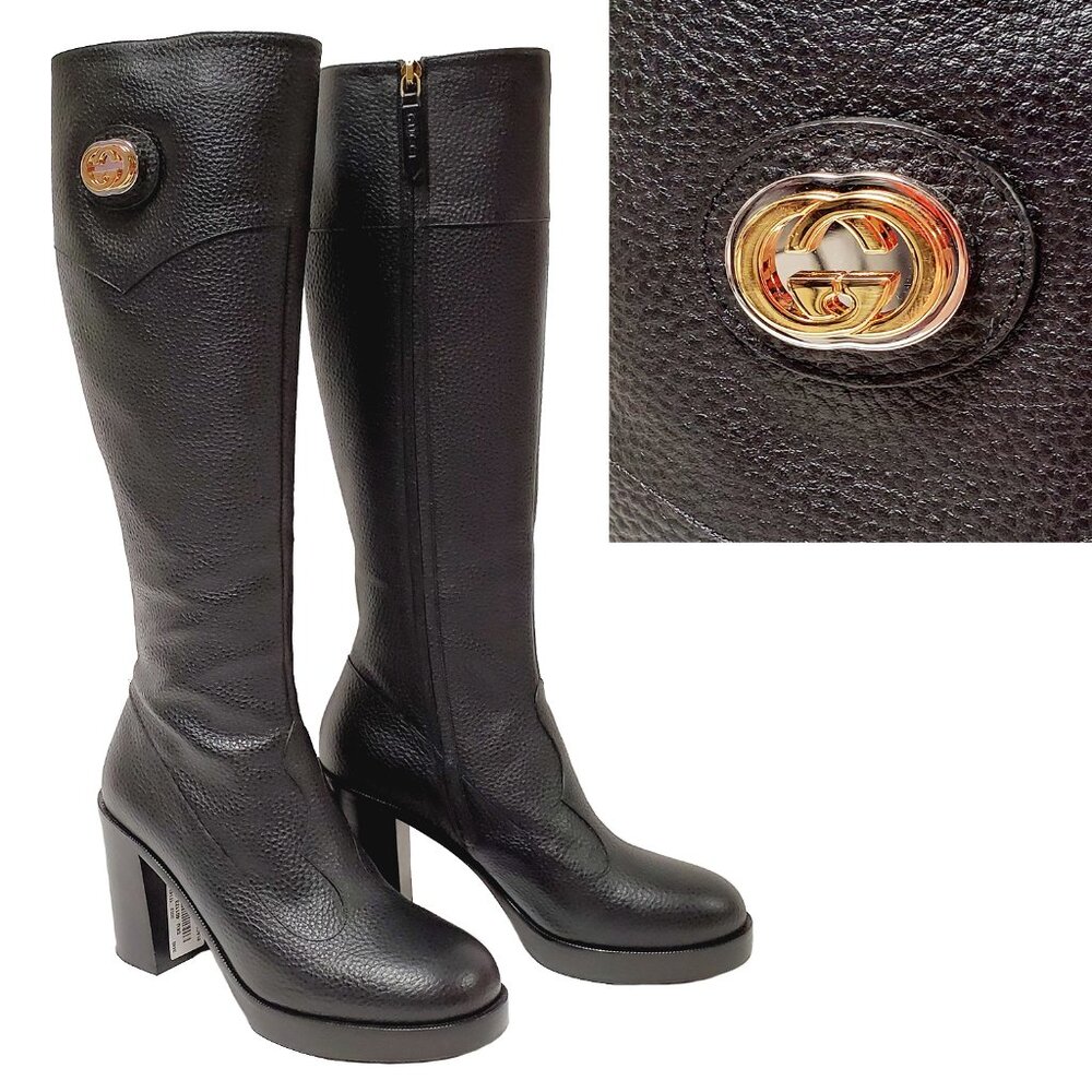 GUCCI BOOTS BLACK LEATHER TALL INTERLOCKING G LOGO sz IT 40.5 US 10.5
